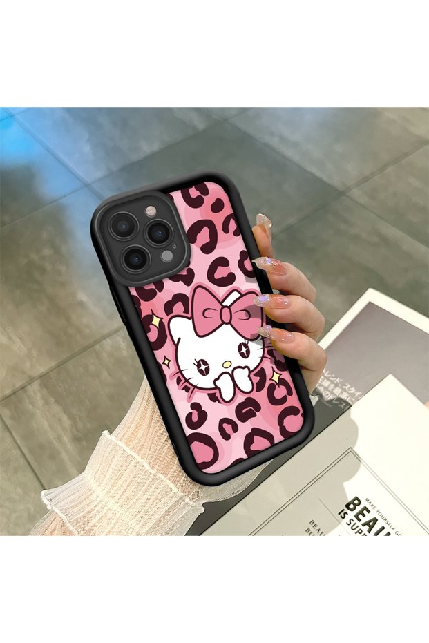 iPhone 16 Pro Compatible Black High Quality Silicone Leopard Pattern Kitty Phone Case