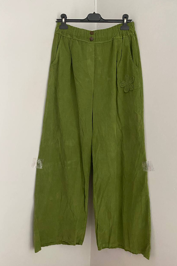 Women's Italian Oil Green Elastic Waist Floral Embossed Detailed Pocketed Wide Leg Velvet Trousers