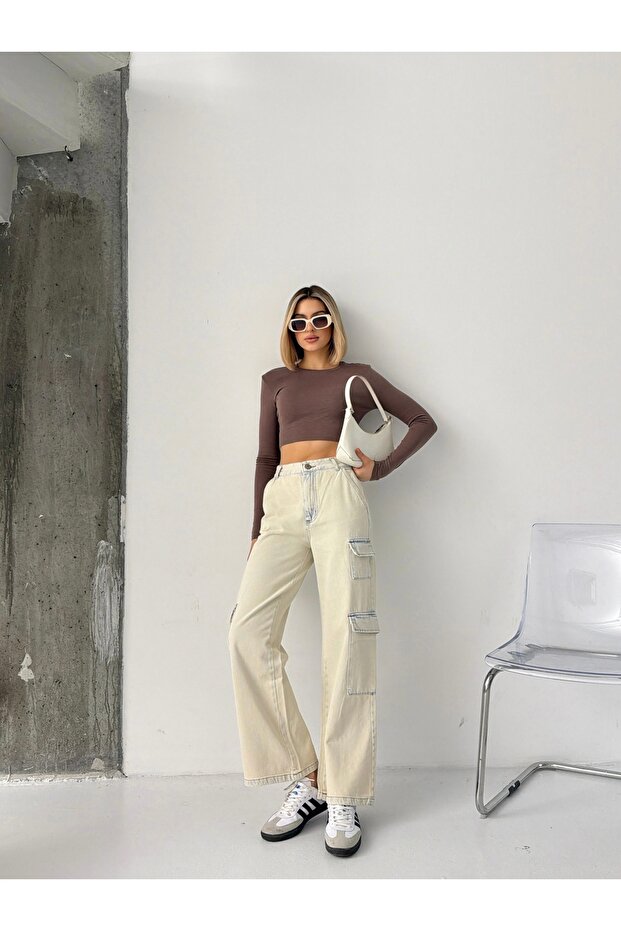 High Waist 3 Cargo Pocket Piece Tinted Loose Legs