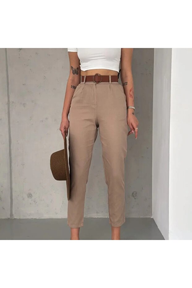 Women's Linen Elastic Waist Carrot Cut Trousers