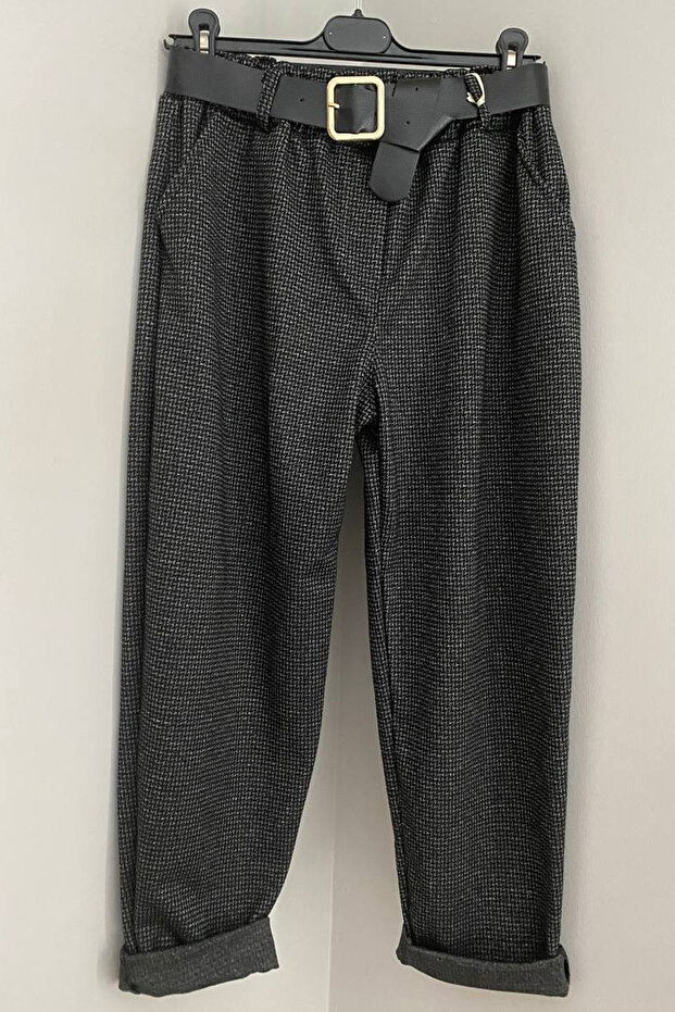 Women's Italian Gray Elastic Waist Belted Herringbone Patterned Side Pocket Trousers