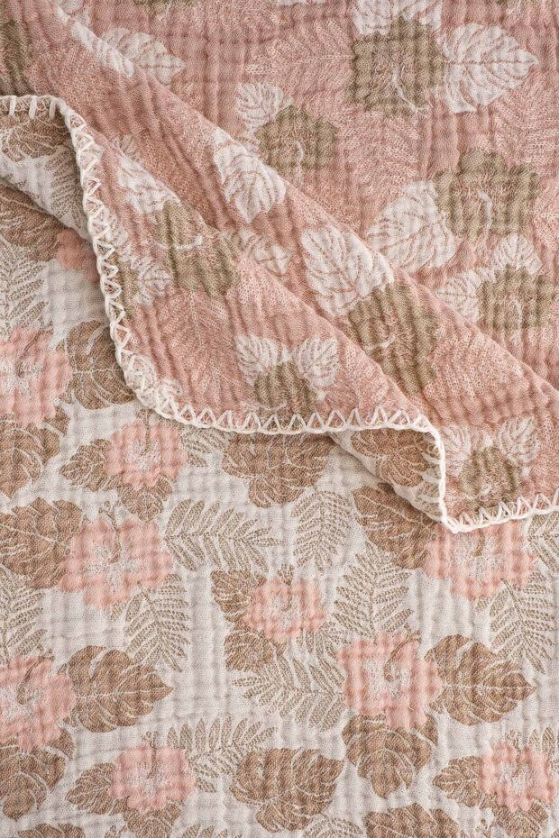 Hibiscus Jacquard 4 Layer Muslin Cotton Sofa Throw, Blanket 130X170 cm
