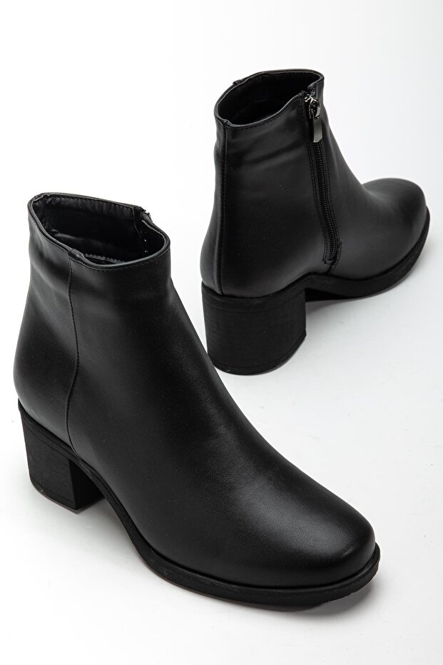 Women's Thick Heeled Boots Black Flat Sole Without Laces Thermo Sole