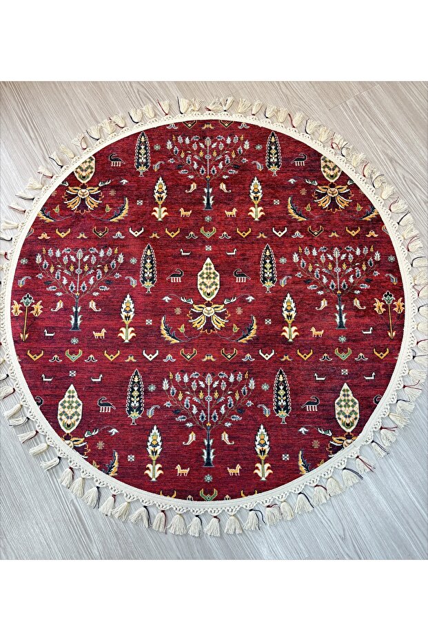 Knitted Fringed Red Rug Decorative Machine Washable Doormat 120 X 120