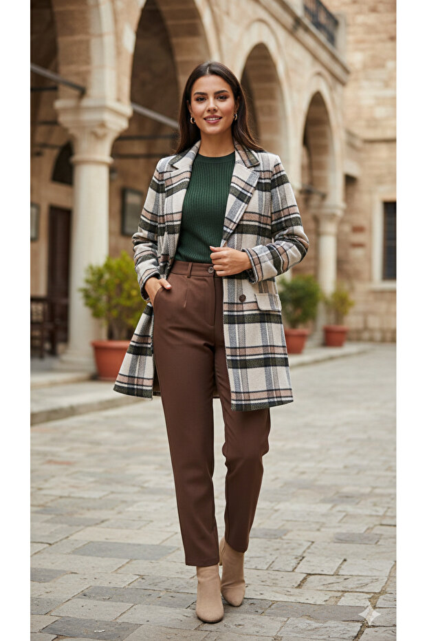 Checkered Oil Green Knee-High Unlined Dry-Fit Cashmere Coat