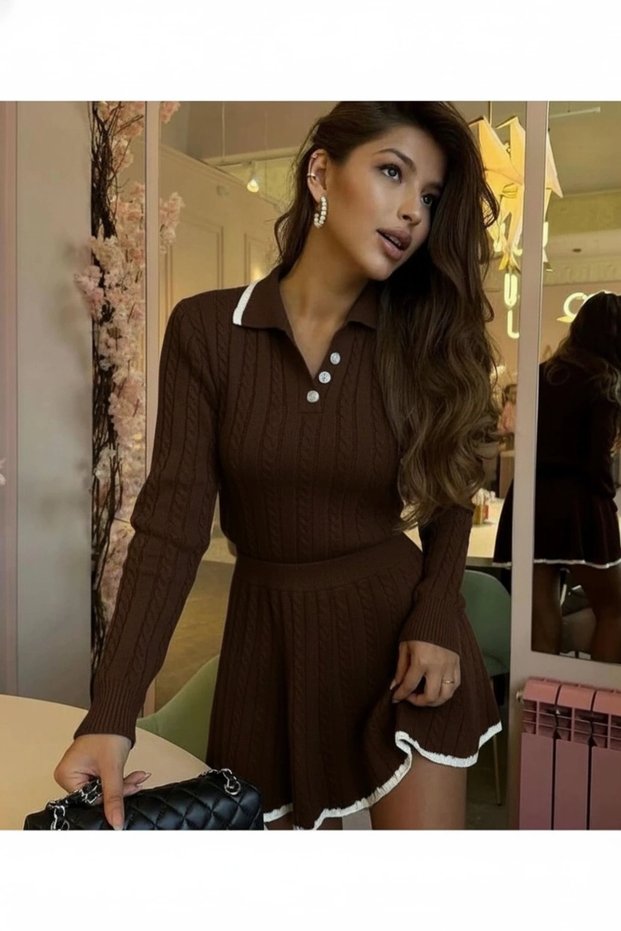 Women's Polo Neck Stylish Sweater Skirt Double Knitwear Set - Bitter Brown