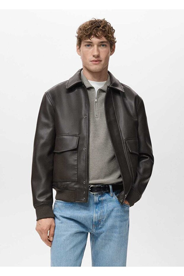 Deri görünümlü cepli ceket - 1