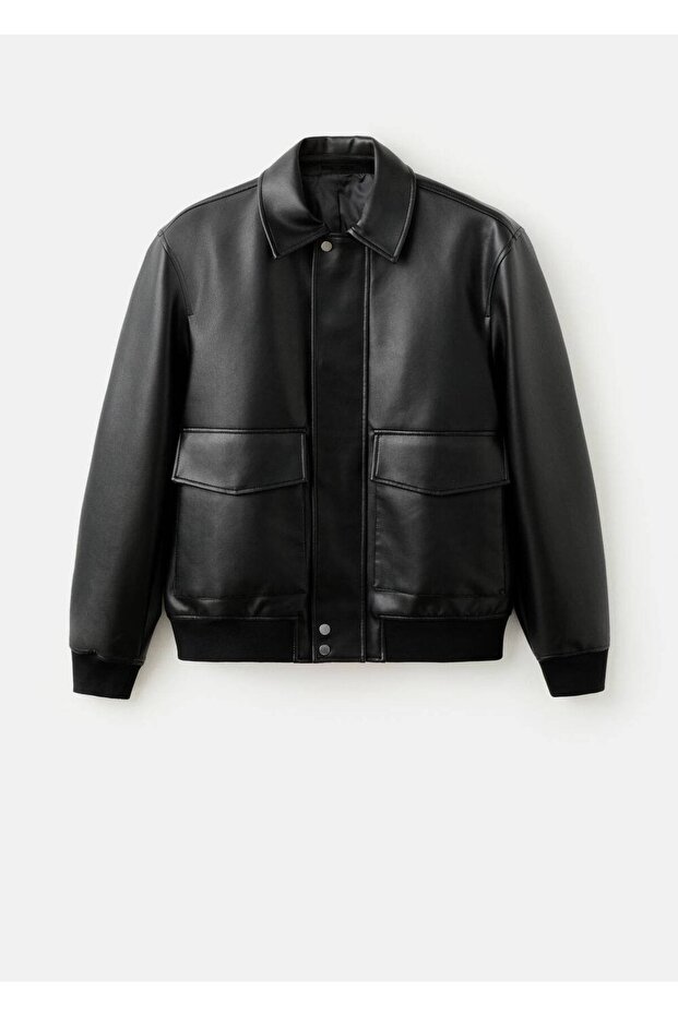 Deri görünümlü cepli ceket - 3