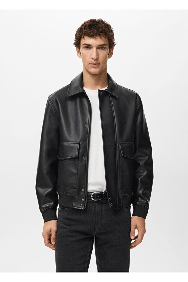 Deri görünümlü cepli ceket - 1