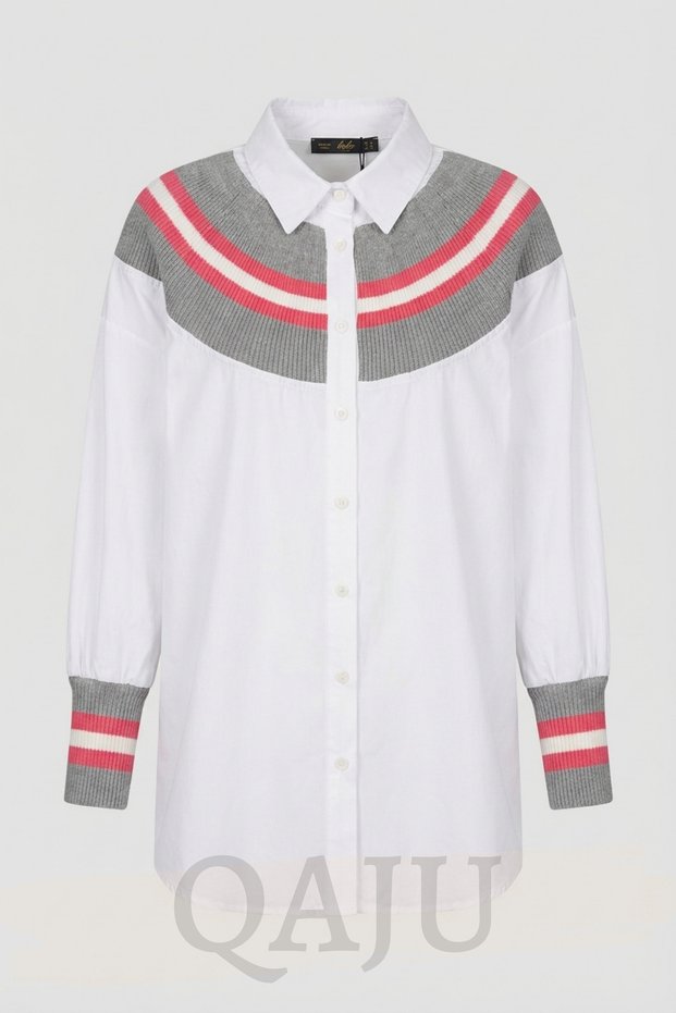 Women's White Knitted Collar Detailed Knitwear Casual Boyfriend Cotton Shirt - Pink