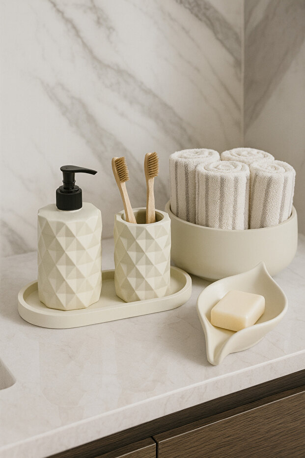 Decorative 5 Piece Design Bathroom Set Liquid Soap Dispenser Solid Soap Holder Toothbrush Holder Tray and Towel Holder Bowl