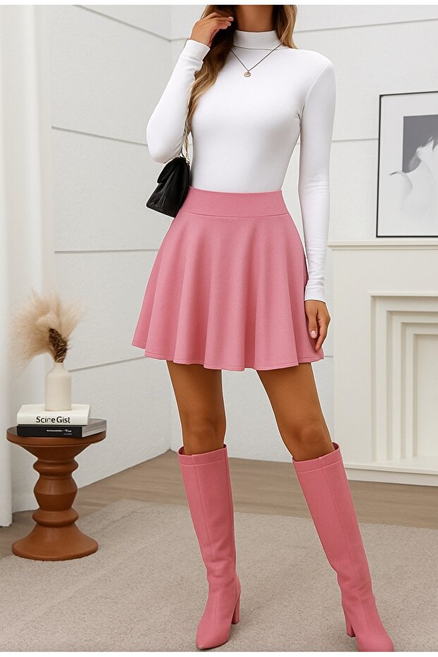 High Waist Stretch Fabric Pink Mini Flared Skirt