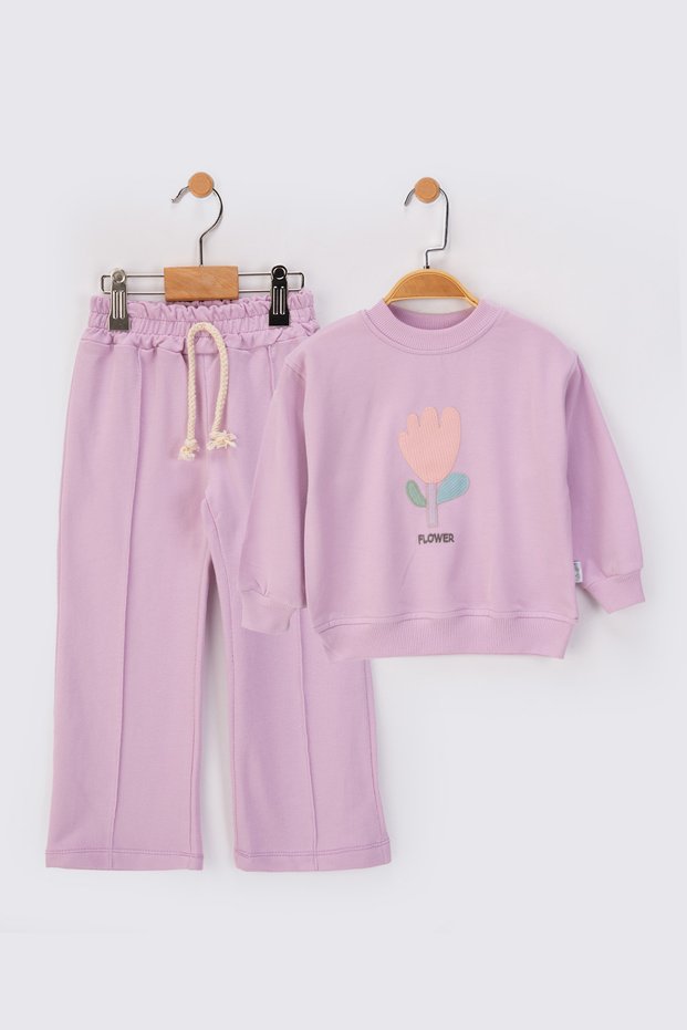 Flower Embroidered 2-Ply Seasonal Girl's Tracksuit Set