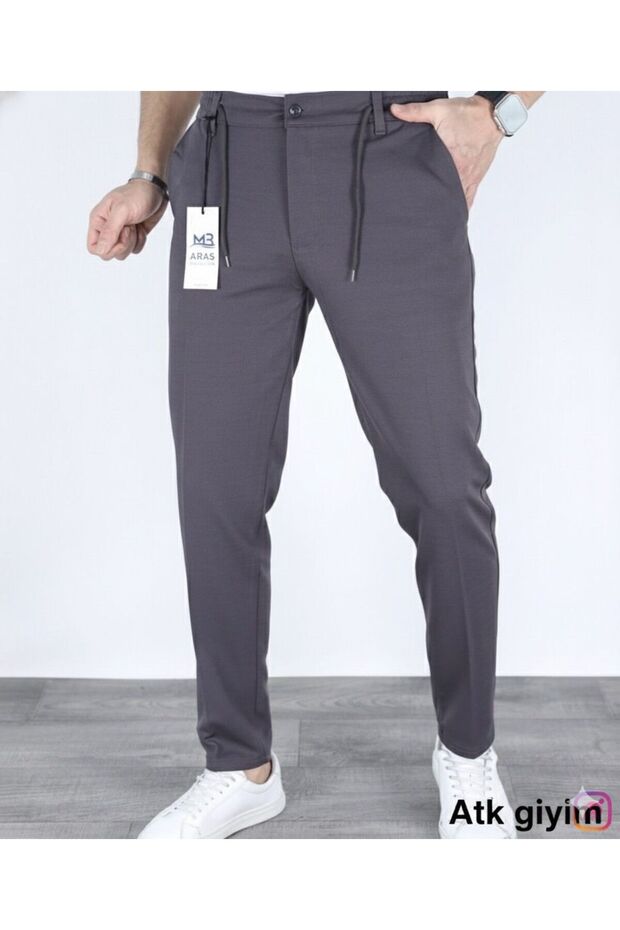 Men's Regular Fit Fabric Trousers Buttoned Flexible Waist Lace-Up Casual Basic Stretch Fabric Summer Stylish