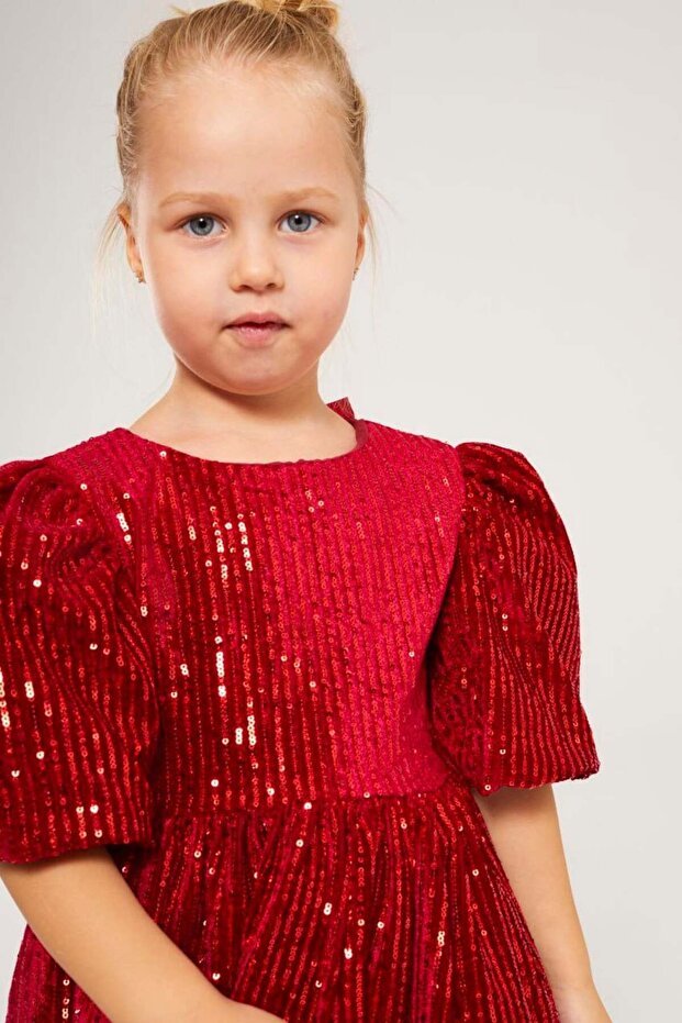 Pullu Balon Kol Elbise-Kırmızı - 7