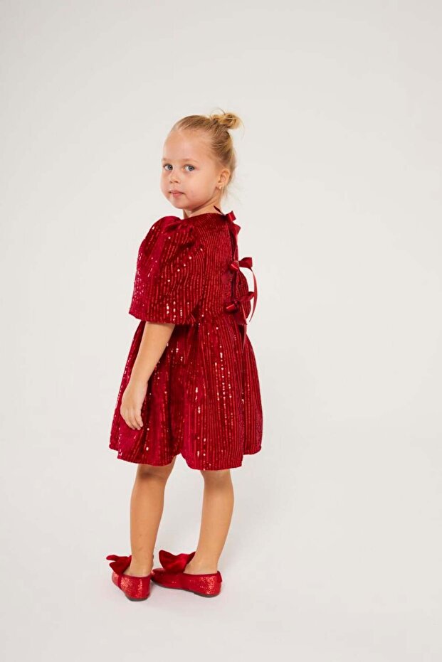 Pullu Balon Kol Elbise-Kırmızı - 6