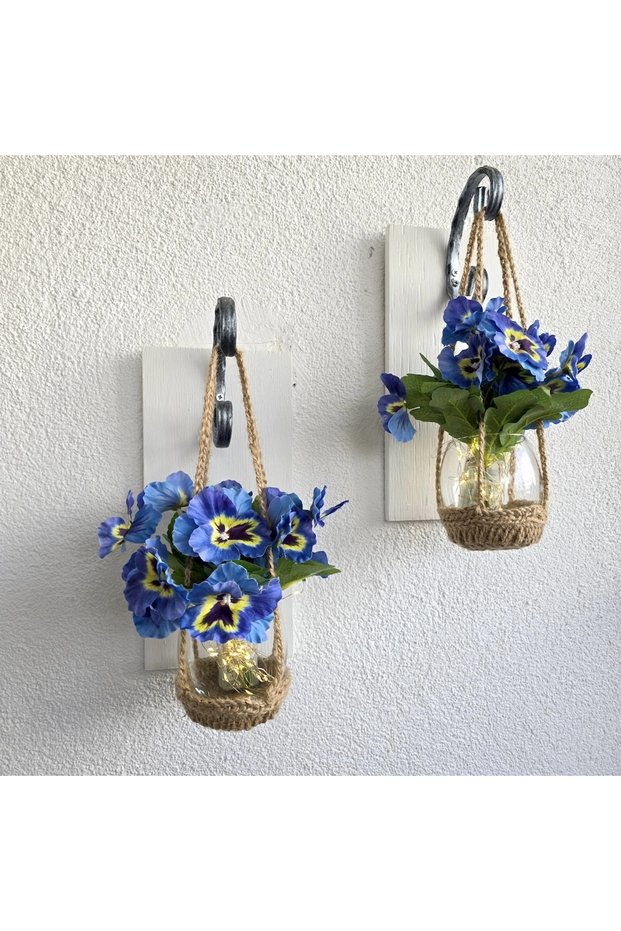 Wall Decoration, Led Lighted, Blue Violet Flowers, White Sconce Set of Two
