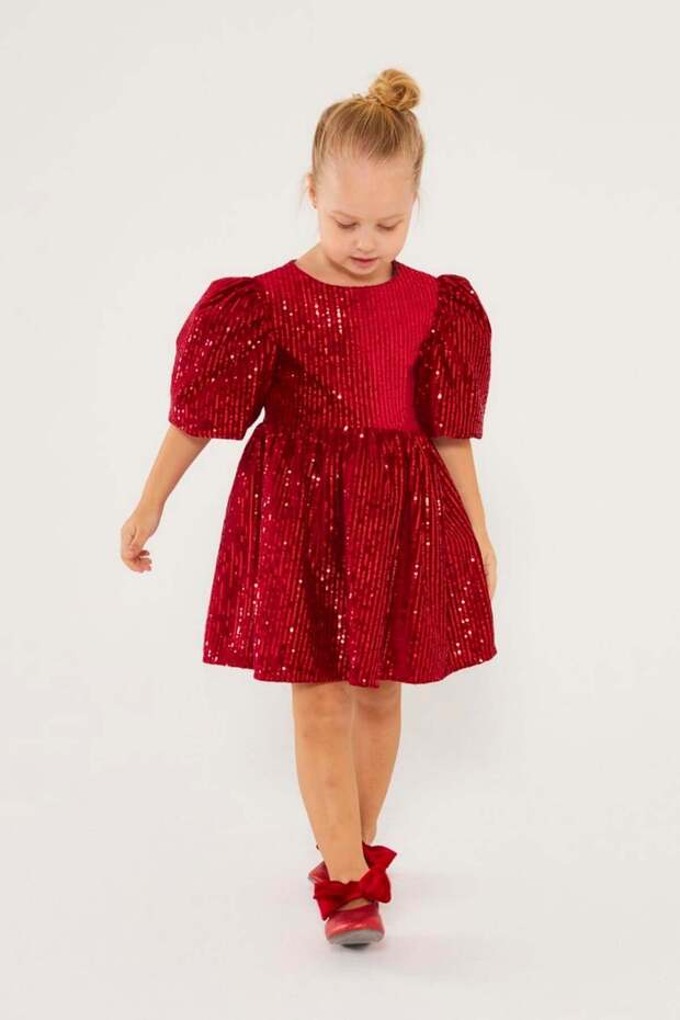 Pullu Balon Kol Elbise-Kırmızı - 5