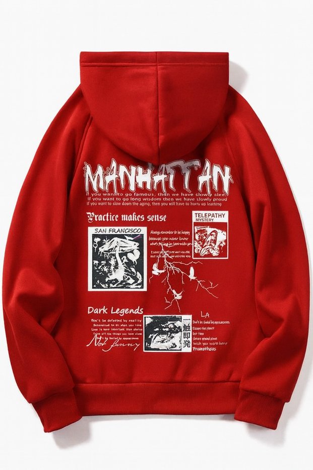 “Manhattan Print on the Back Hooded Unisex Sweatshirt City-Themed Modern Street Style”