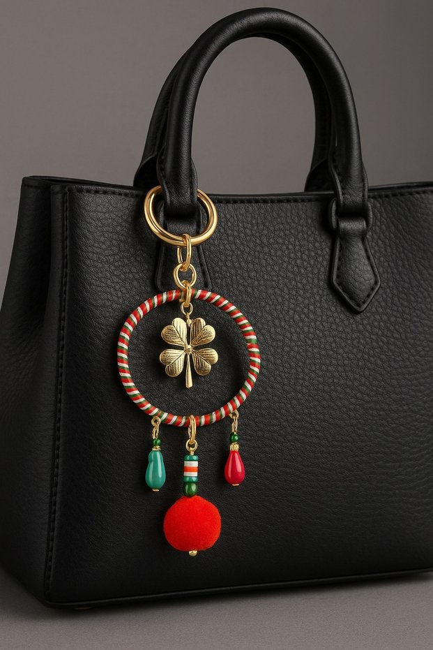 New Year's Pompom Clover Detailed Bag Charm – New Year's Decorative Car Mirror Ornament