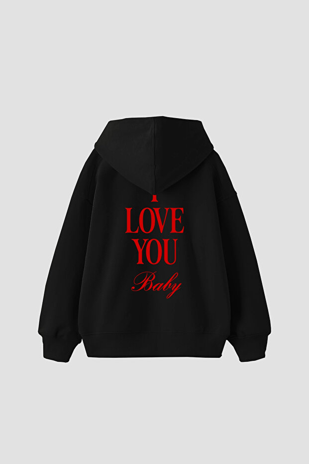 I Love You Baby Printed Oversized Unisex Black Hoodie
