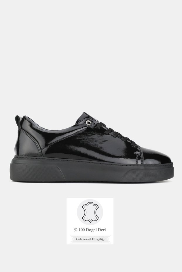 Men's Black Patent Leather Genuine Natural Leather Eva Sole Sneaker Lace-Up Shoes