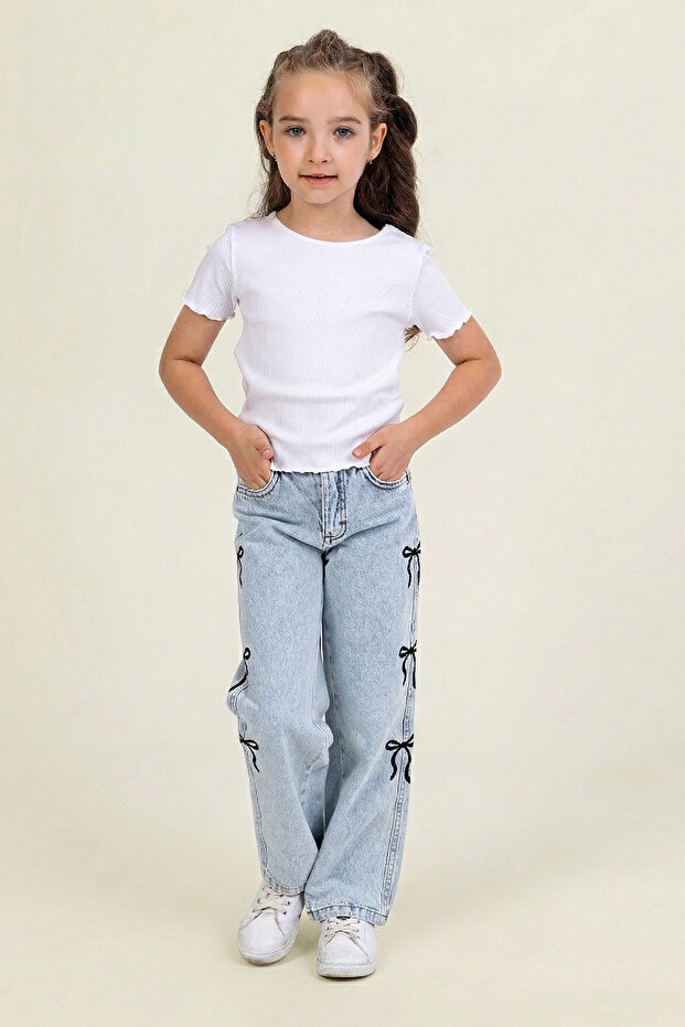Girl's Comfortable Fit Jean Denim Pants with Embroidered Bow Detail
