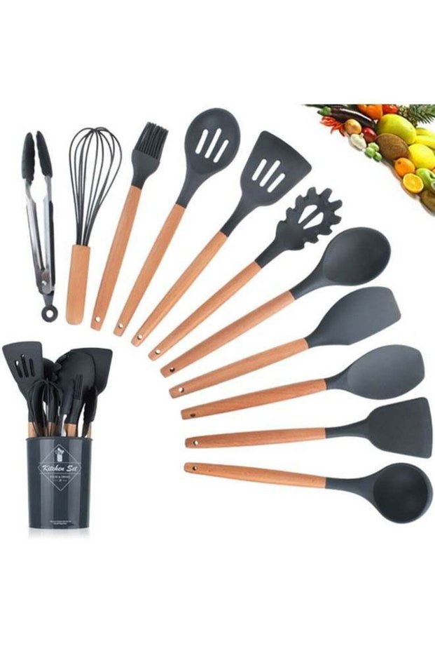 12-Piece Silicone Cooking Utensils Set with Wooden Handles, Heat Resistant Kitchen Tools