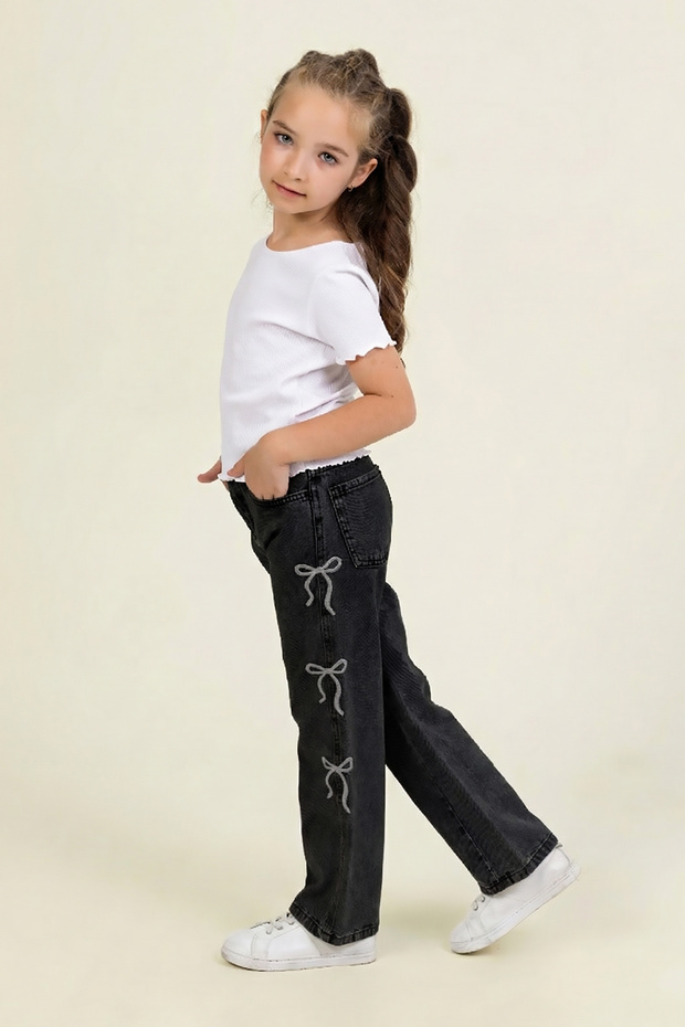 Girl's Comfortable Fit Jean Denim Pants with Embroidered Bow Detail