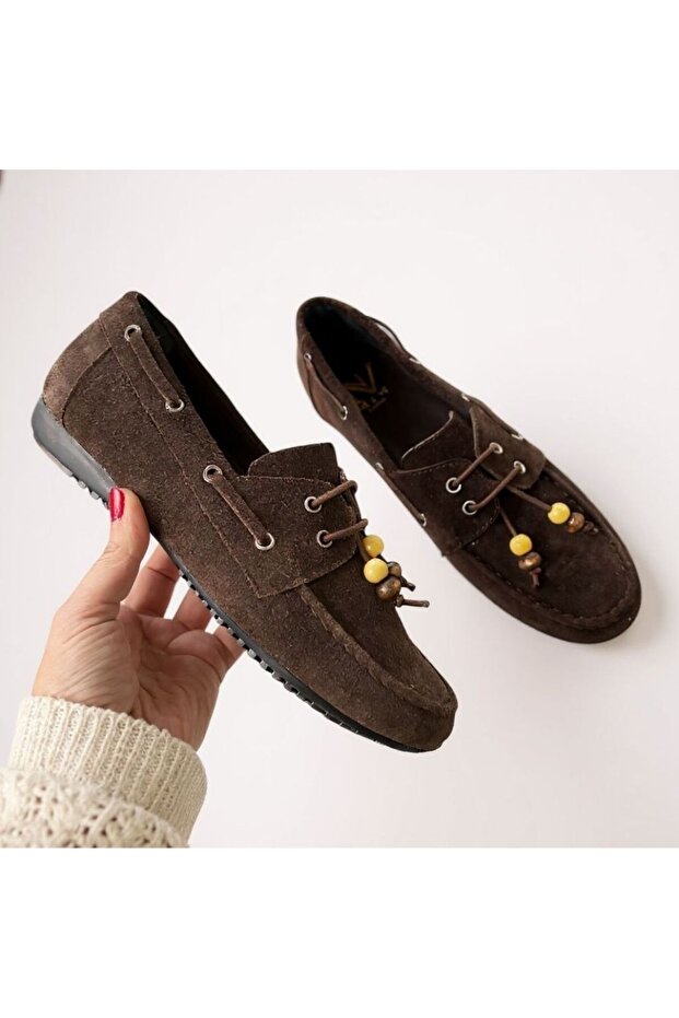 Brown Suede Genuine Leather Beaded Moccasin Women's College Loafer