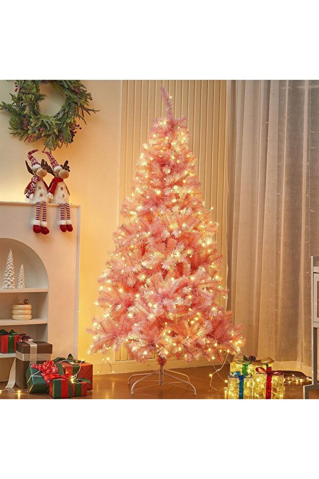 Artificial Pink Christmas Tree Prelit Warm Lights Mixed Branches Foldable Stand -210cm