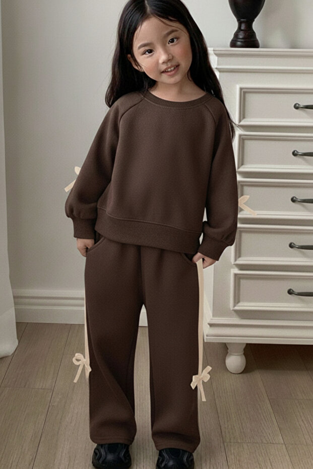 Girls' Double Ribbon Three Thread Tracksuit Set 3-10 Years Old 12335