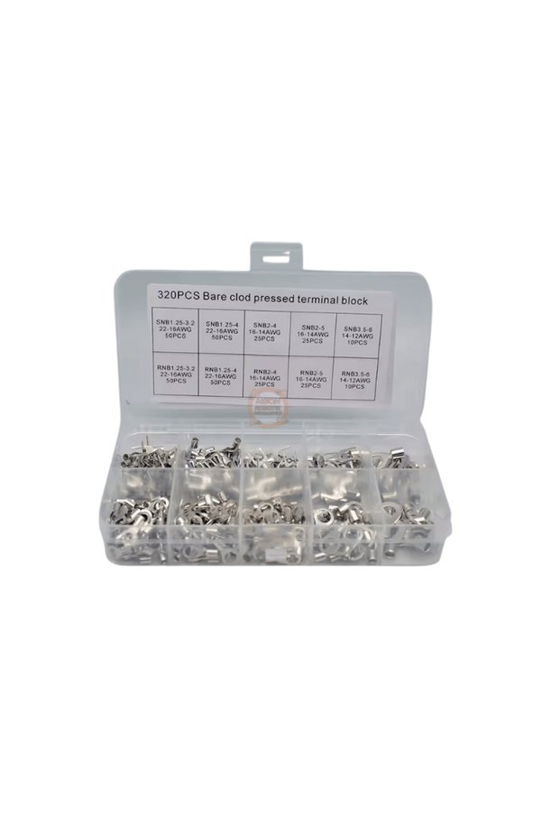 Ring and Fork Type Boxed Non-Insulated Cable Lug Terminal Set 320 Pieces 5 Sizes