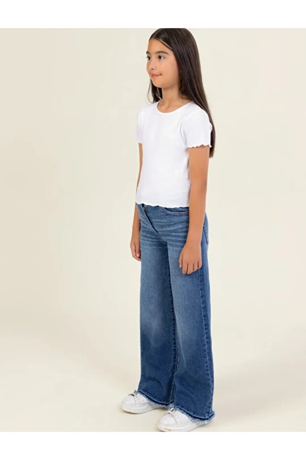 Girl's Adjustable Elastic Waist Button+Zipper Closure Distressed Wide Leg Denim Jeans Pants