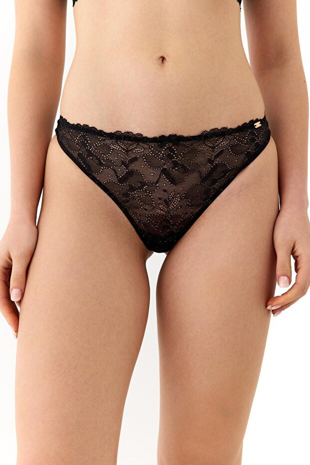 Roma Siyah Dantelli String Külot - 1