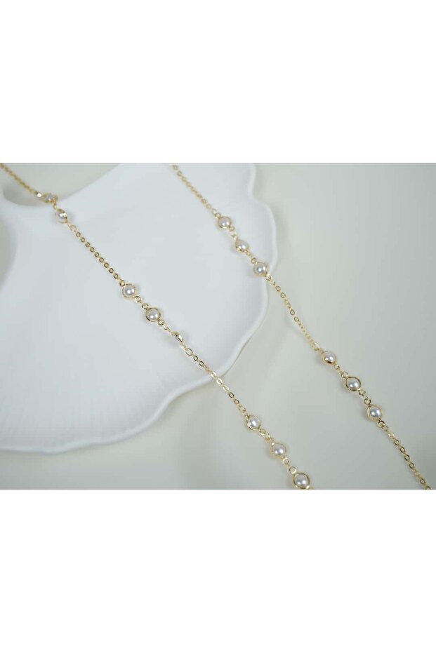 Kol072 Small Pearl Stone Chain Gold Necklace Long - 90 cm + 5 cm Extension