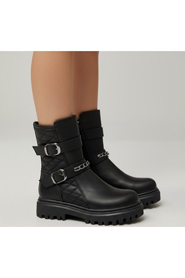 Girl's Black Color Warm Lining Quilted Chain Zippered Boots