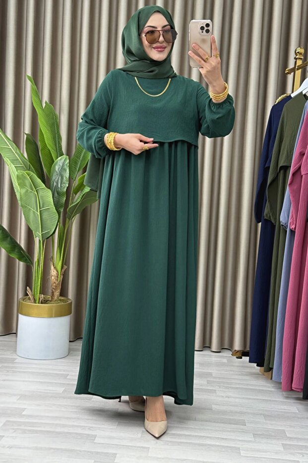Güli̇zar Elbi̇se Ayrobin Fabric Women's Emerald Cape Detailed Hijab Dress