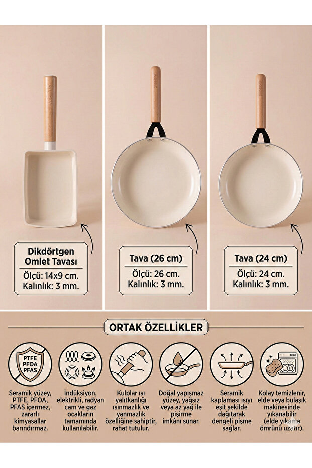 Cucina Di Mia 3-Piece Ceramic Pan Set 24cm 26cm Omelet Induction Compatible