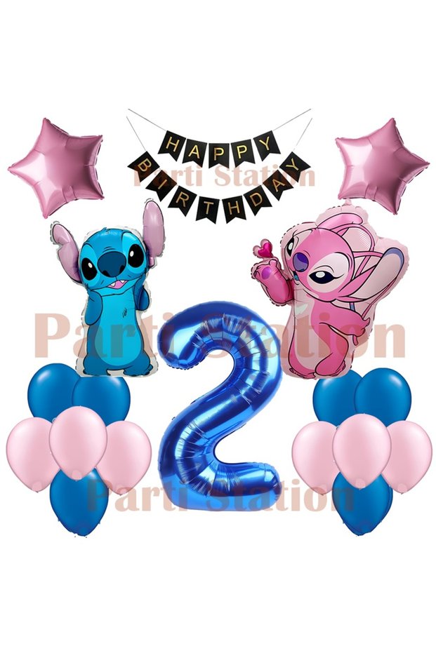 Lilo Stitch Balloon and Angel 2Nd Birthday Party Balloon Set Navy Blue Number and Happy Birthday Banner