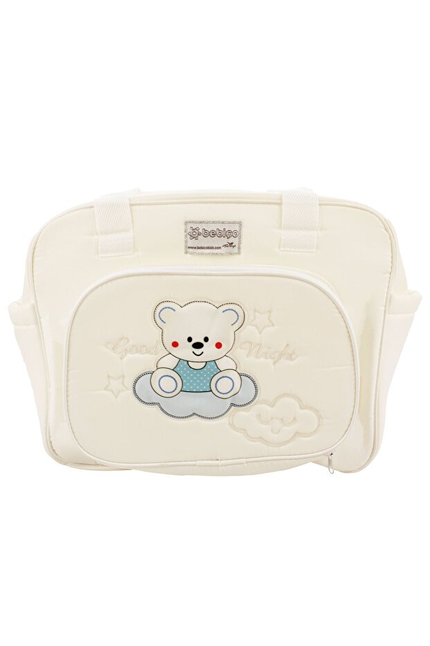 Unisex Ecru Cream Blue Good Night Corded Fabric Care Bag with Teddy Bear