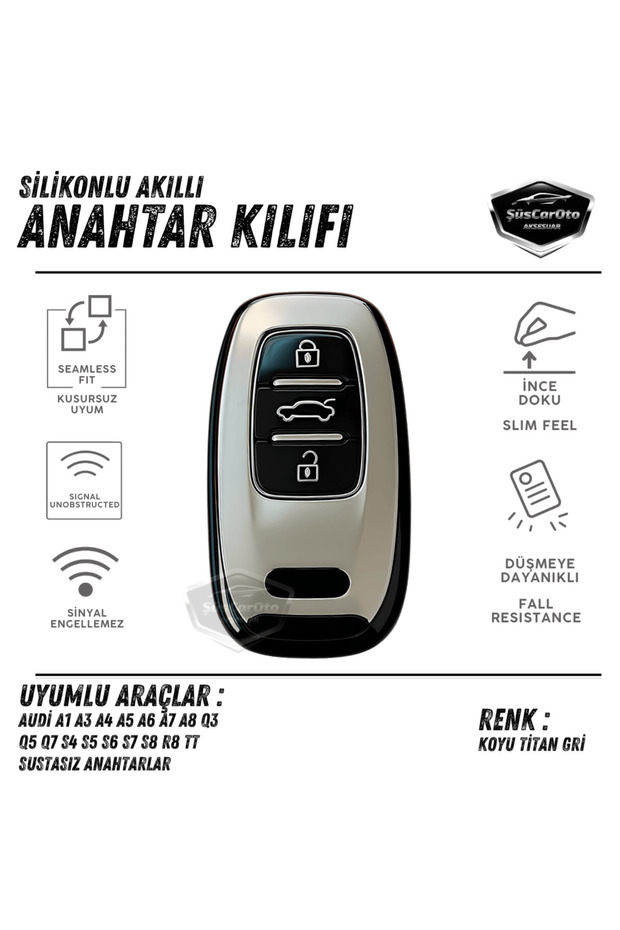 For Audi A1 A3 A4 A5 A6 A7 A8 Q3 Q5 Q7 Tt Silicone Key Case Cover Auto Key Shell Keychain Titan Gray