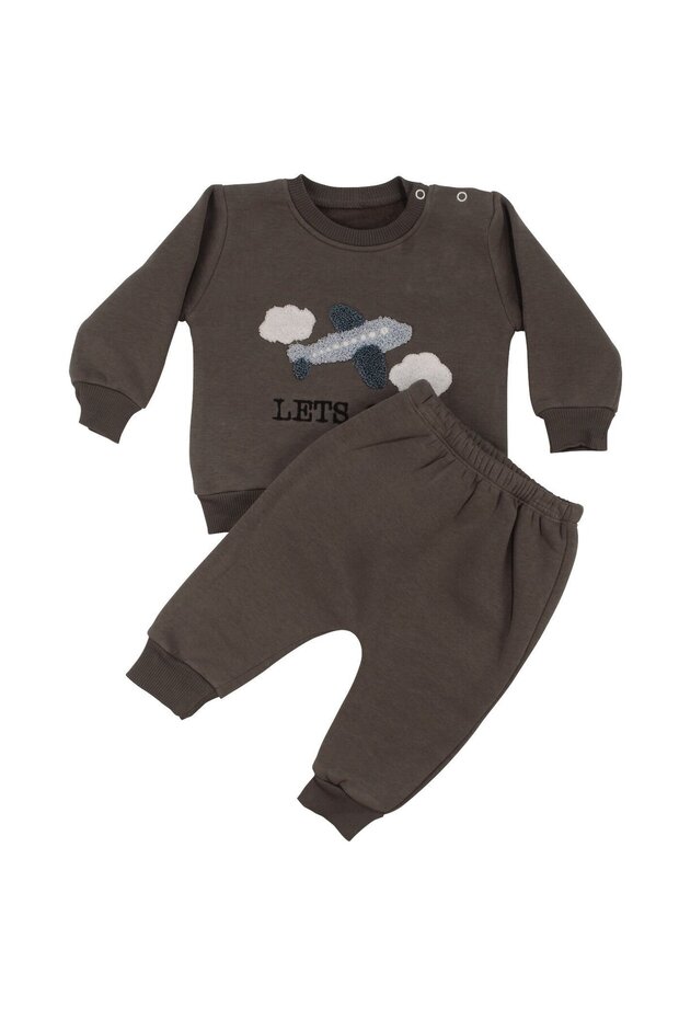 Baby Boy Brown Airplane Embroidered Three-String Double Set