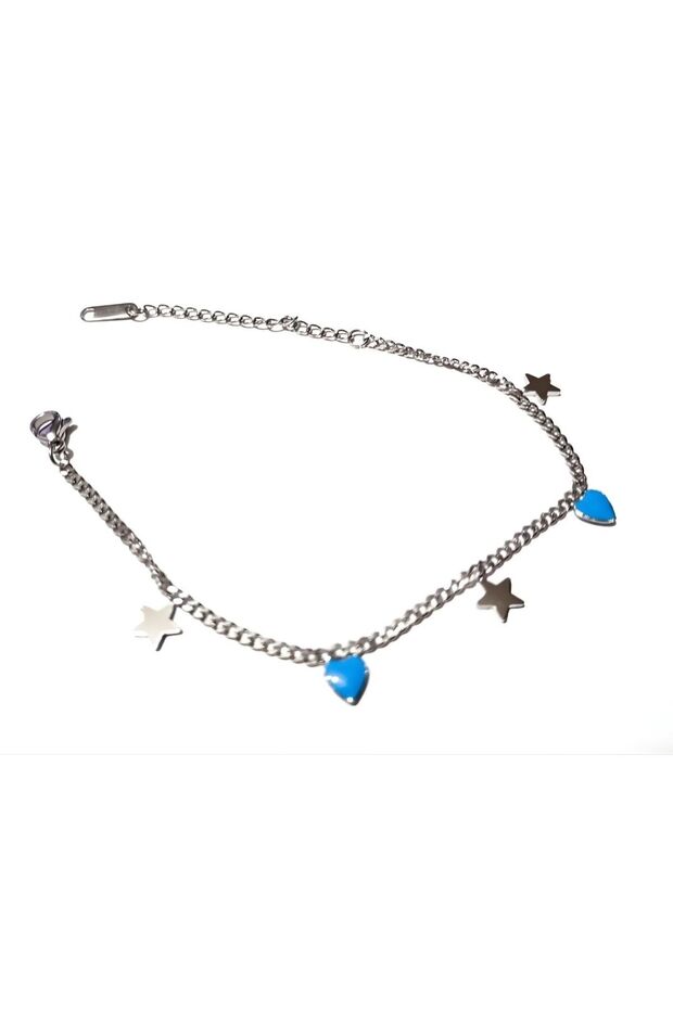 Stainless Steel Blue Heart and Star Charm Bracelet – Women's Silver Color Fashion Bracelet