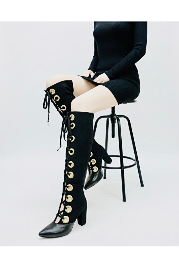 Black Suede Thick Heeled Boots with Gold Ring Detail 8.5 Cm-Feli̇sya Buti̇k