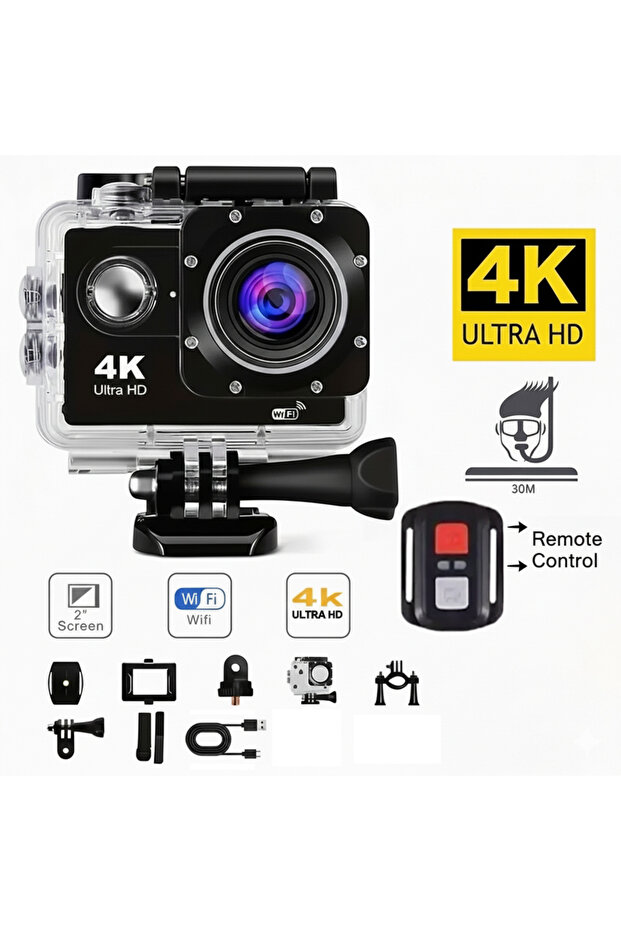 Dimute Shop 4K WiFi Aksiyon Kamerası 170° Geniş Açı Spor Kamera + Kask Montaj Aksesuar Seti KUMANDALI