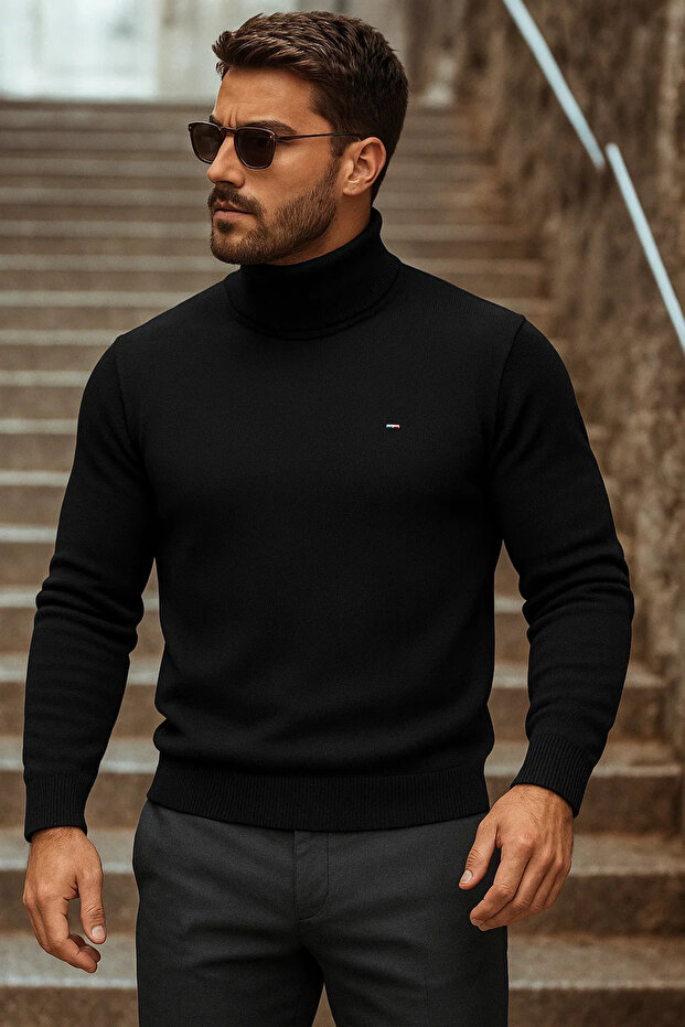 Erkek Kışlık Basic Uzun Boğazlı Siyah Kazak - 2