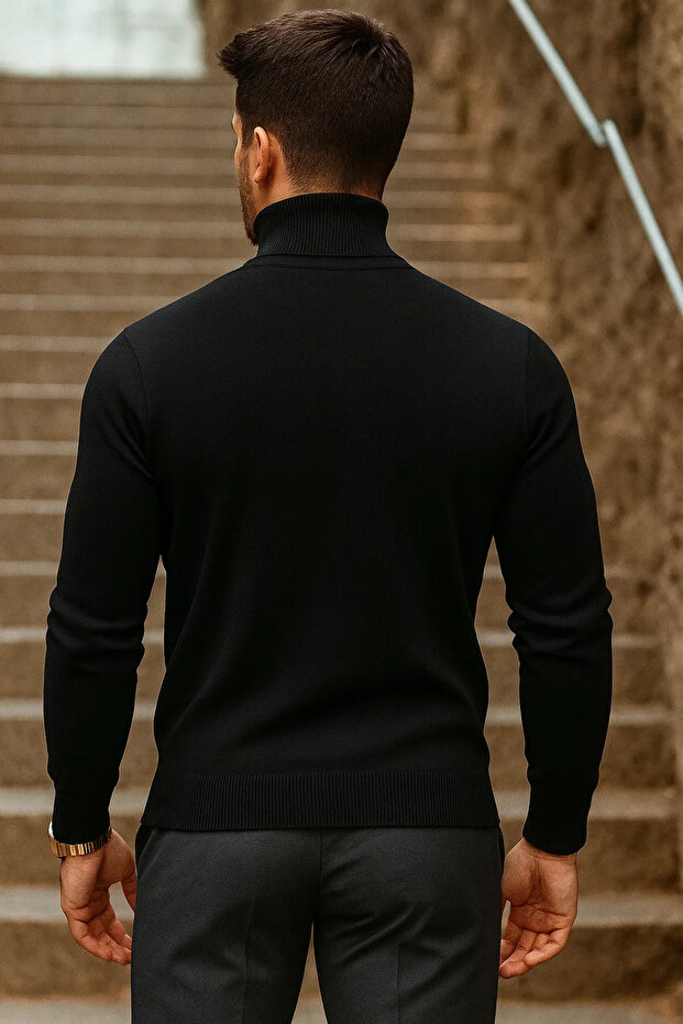 Erkek Kışlık Basic Uzun Boğazlı Siyah Kazak - 5