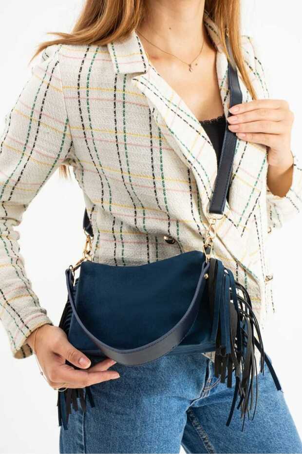 Women's Suede Fringed Shoulder Bag Navy Blue