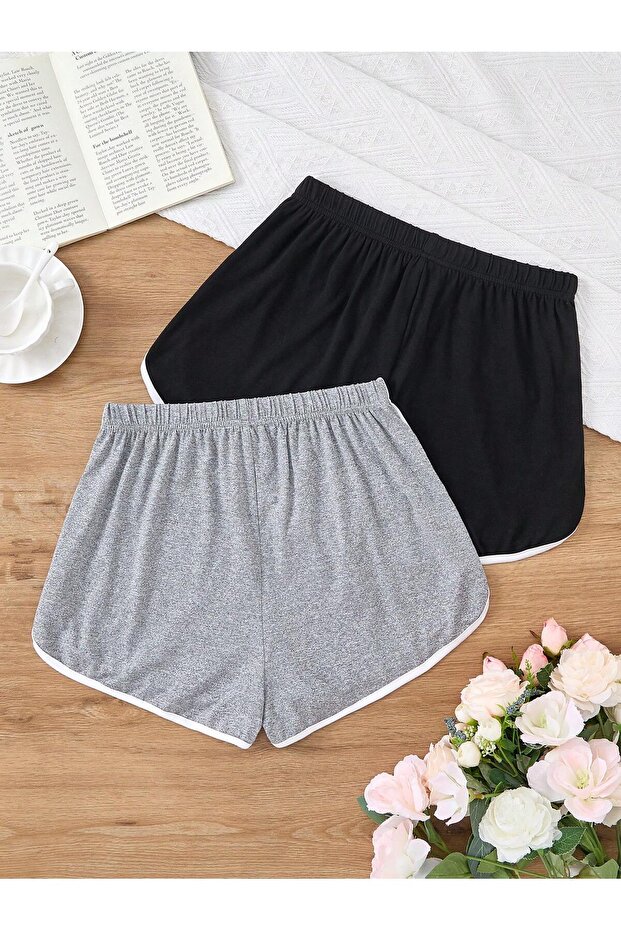 2'li Kadın Biyeli Penye Mini Şort - 2